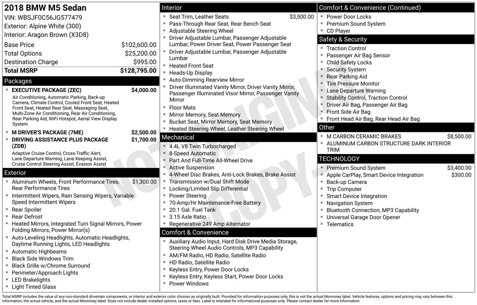 2018 BMW M5 Base M Carbon Ceramic Brakes